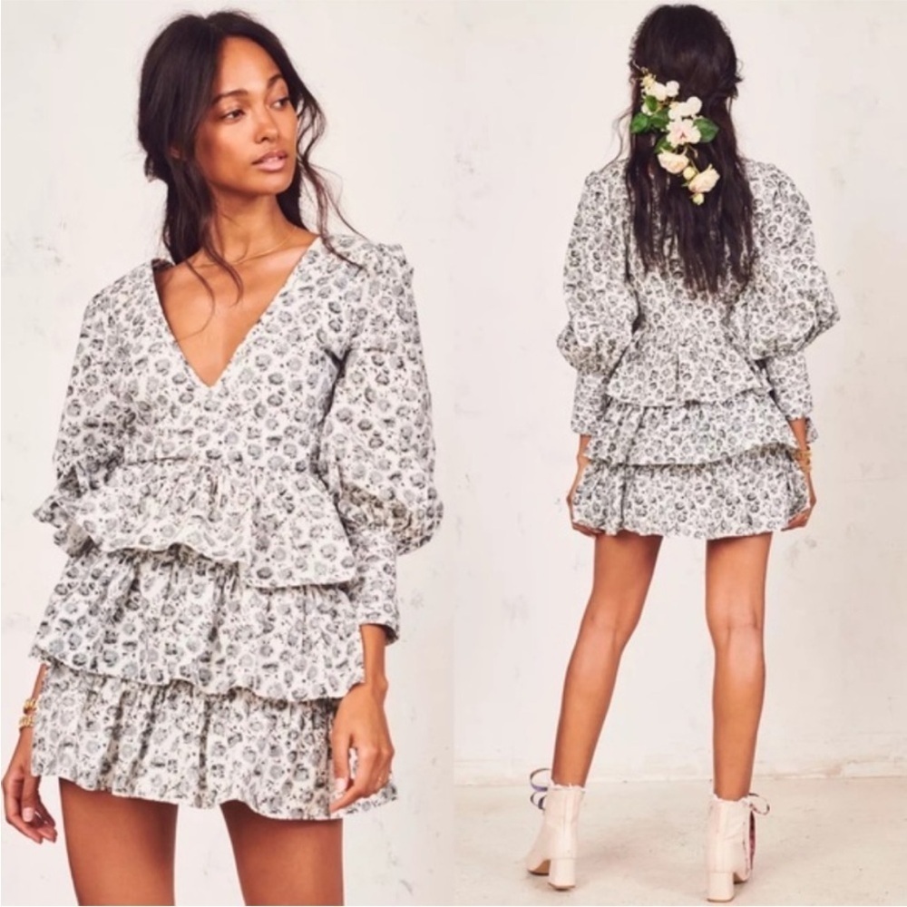 LoveShackFancy Paris Grey Floral Ruffle Tiered Long Puff Sleeve Mini Dress Sz 6 - Picture 3 of 15